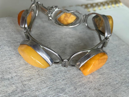 Yellow  Amber (Butter) and Silver Link Bracelet